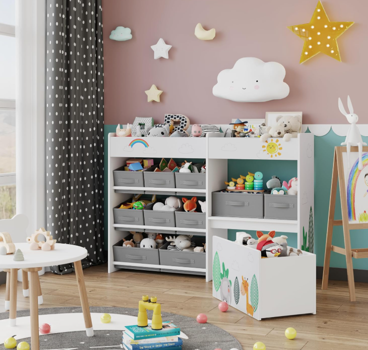 Kids Bookshelf with Fabric Bins and Toy Storage Chest, Montessori Style Organizer for Nursery, Playroom and Kindergarten