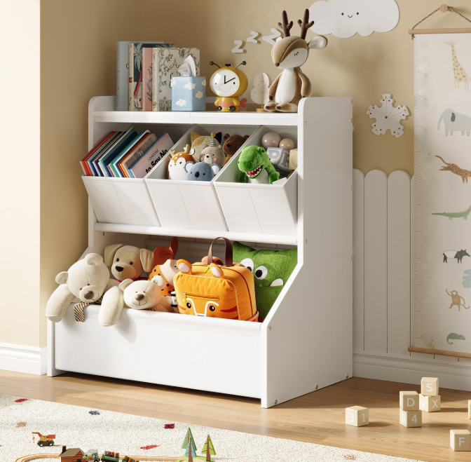 Kids Toy Storage Organizer with Bins and Bookshelf, Wooden Storage Cabinet for Children's Playroom, Bedroom and Nursery