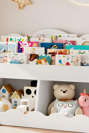 Kids Bookshelf and Toy Storage Organizer with Storage Cubes, Wooden Book Organizer Shelf for Children's Room, Nursery and Living Room