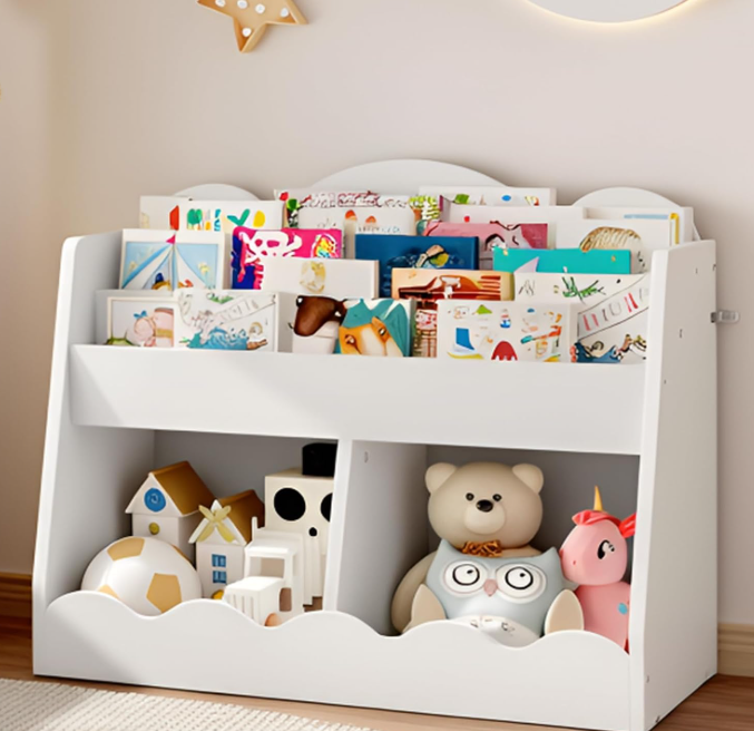 Kids Bookshelf and Toy Storage Organizer with Storage Cubes, Wooden Book Organizer Shelf for Children's Room, Nursery and Living Room